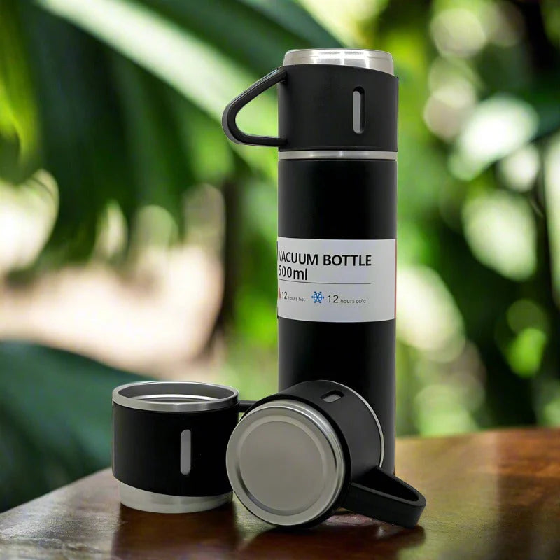 Stainless Steel Vacuum Flask Set with 3 Steel Cups Combo for Coffee Hot Drink and Cold Water Flask Ideal Gifting Travel Friendly Latest Flask Bottle.