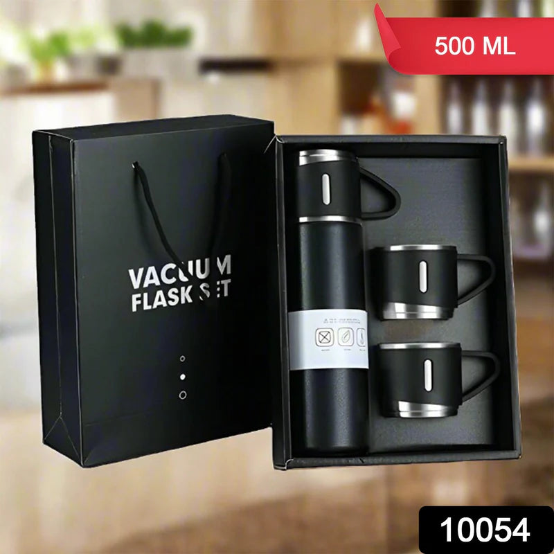 Stainless Steel Vacuum Flask Set with 3 Steel Cups Combo for Coffee Hot Drink and Cold Water Flask Ideal Gifting Travel Friendly Latest Flask Bottle.