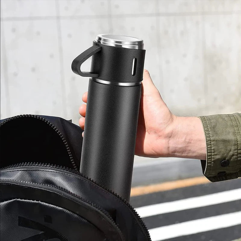 Stainless Steel Vacuum Flask Set with 3 Steel Cups Combo for Coffee Hot Drink and Cold Water Flask Ideal Gifting Travel Friendly Latest Flask Bottle.